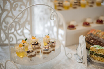 Various desserts and cake on the buffet table at the wedding