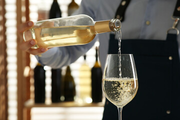 Bartender pouring wine into glass in restaurant, closeup