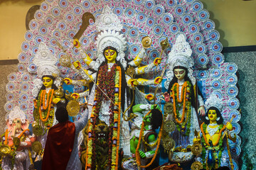 Goddess Durga idol at Durga Puja pandal in Kolkata, West Bengal, India. Durga Puja is one of the...
