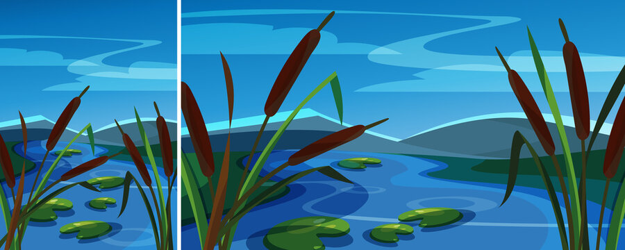 Landscape with reeds on background of mountains. Natural scenery in different formats.