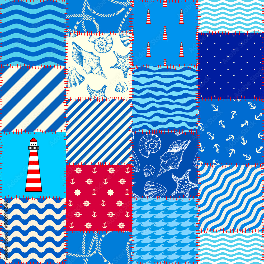 Aufkleber patchwork seamless pattern in marine style. art seamless background.