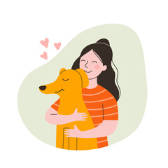 Girl holds and hugs the dog. Children puppies friendship. Vector flat style cartoon illustration