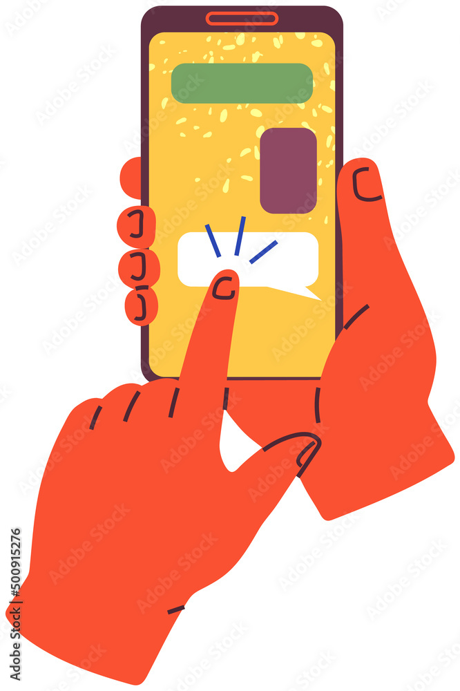 Poster open messenger, application for online communication. mobile app for chatting on phone screen. hands