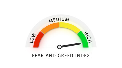 Fear Greed Index with Needle Pointing High on White Background