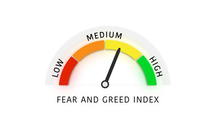 Fear Greed Index with Needle Pointing medium on White Background