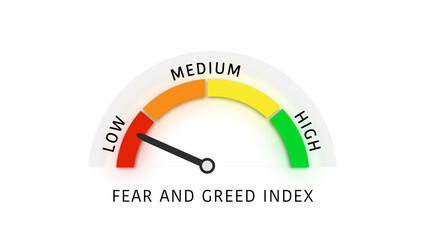 Fear Greed Index with Needle Pointing Low on White Background