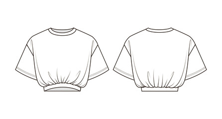 Fashion technical drawing of oversized crop T-shirt with elastic band. Crop top fashion flat sketch