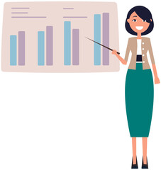 Woman looking at statistics diagram. Businesswoman analysing report with statistical indicators. Girl examines results of analysis. Personal investment, finance, funding, capital accumulation concept