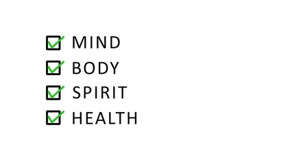 Mind Body Spirit Health with Box and Tick Sign on White Background