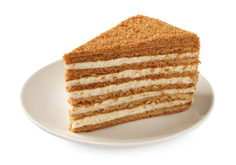 Slice of delicious layered honey cake isolated on white