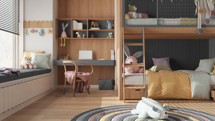 Obraz na płótnie Canvas Modern children wooden bedroom with bunk bed in gray pastel tones, parquet floor, big window with bench and blinds, desk, carpet with toys, pillows and duvet. Interior design