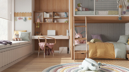 Obraz na płótnie Canvas Modern children wooden bedroom with bunk bed in white pastel tones, parquet floor, big window with bench and blinds, desk, carpet with toys, pillows and duvet. Interior design