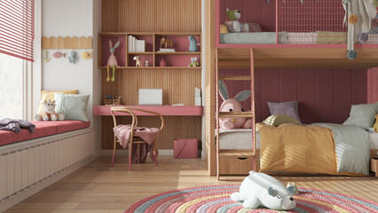 Obraz na płótnie Canvas Modern children wooden bedroom with bunk bed in pink pastel tones, parquet floor, big window with bench and blinds, desk, carpet with toys, pillows and duvet. Interior design