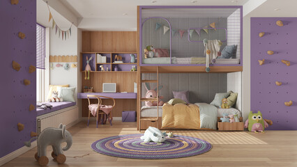 Modern children bedroom with bunk bed in purple and pastel tones, parquet floor, big window with bench and blinds, desk, carpet with toys, pillows and duvet. Cozy interior design