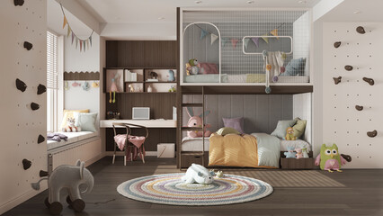 Modern children bedroom with bunk bed in dark and pastel tones, parquet floor, big window with bench and blinds, desk, carpet with toys, pillows and duvet. Cozy interior design