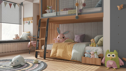 Wooden modern children bedroom with bunk bed in gray and pastel tones, parquet floor, big window with bench and blinds, desk, carpet with toys, pillows, duvet. Cozy interior design