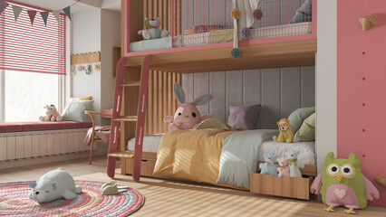 Wooden modern children bedroom with bunk bed in red and pastel tones, parquet floor, big window with bench and blinds, desk, carpet with toys, pillows, duvet. Cozy interior design