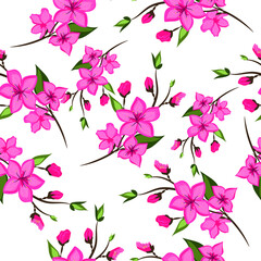 Fototapeta na wymiar Vector seamless pattern of peach blossom branch. Pink flowers with leaves.