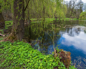 Spring picturesque pond in the former Orlovsky estates park, Maliivtsi, Khmelnytsky region, Ukraine.