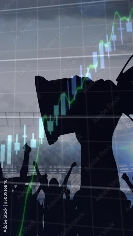 Poster animation of data processing on line graphs over trophy and cheering sports fans in stadium