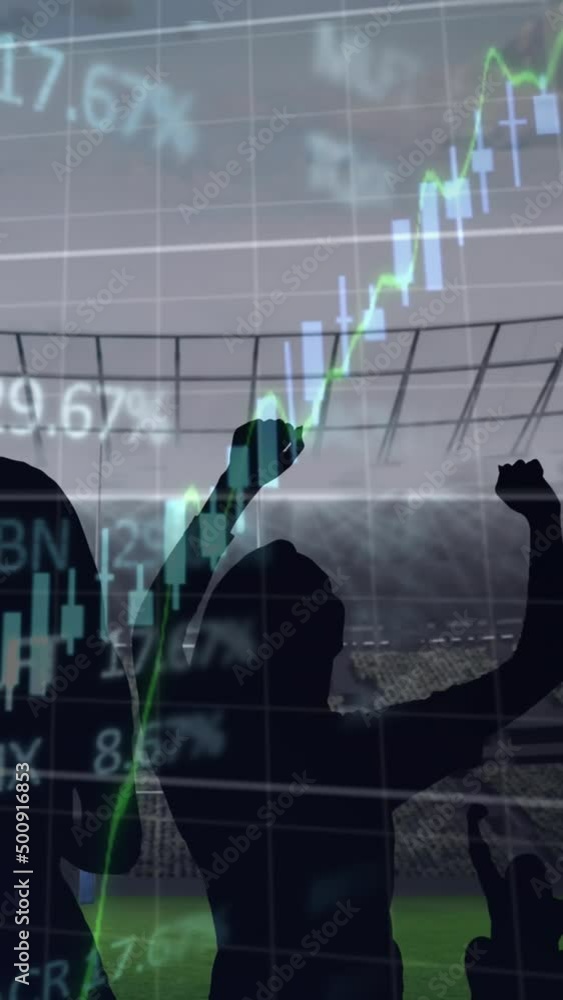 Poster animation of graphs and data processing over cheering sports fans at stadium