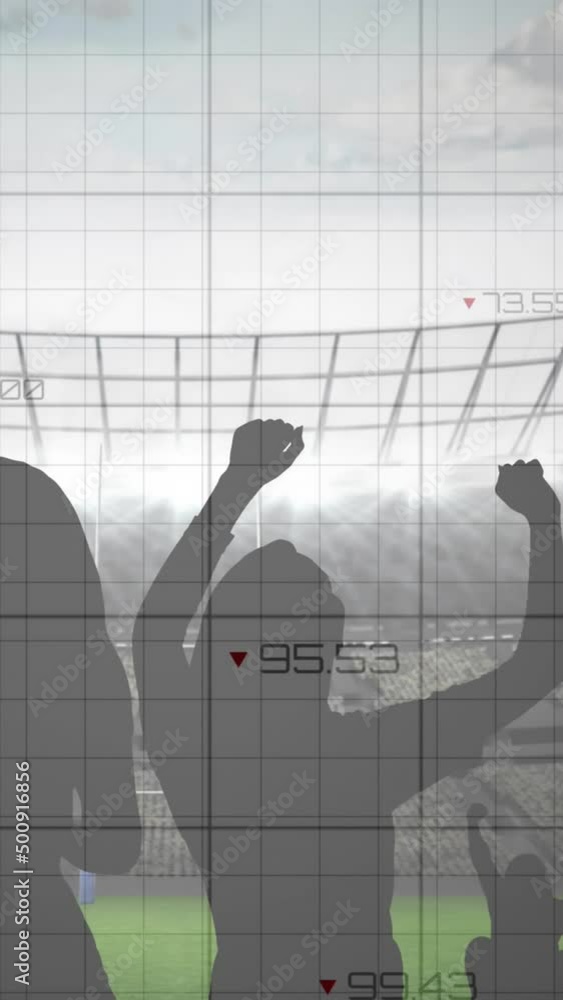 Poster animation of graphs and data processing over cheering fans at sports stadium