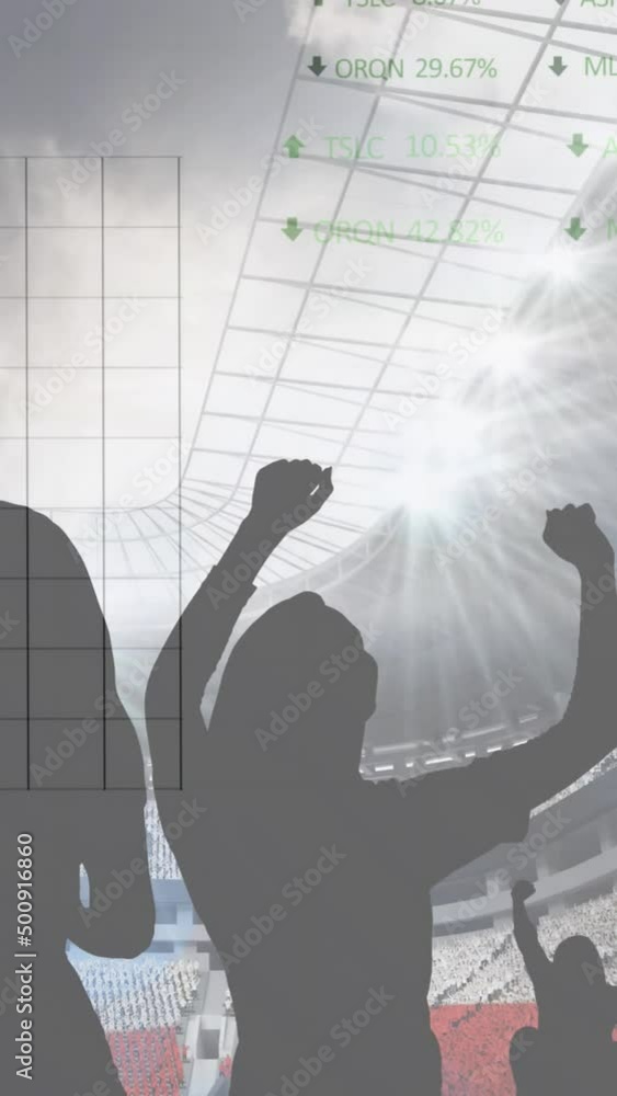 Poster animation of graphs and data processing on interface over sports fans at stadium with cloudy sky