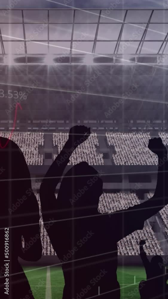Poster animation of graphs and data processing over cheering fans at sports stadium