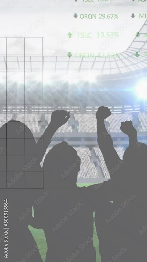 Poster animation of graphs and data processing over cheering sports fans at stadium
