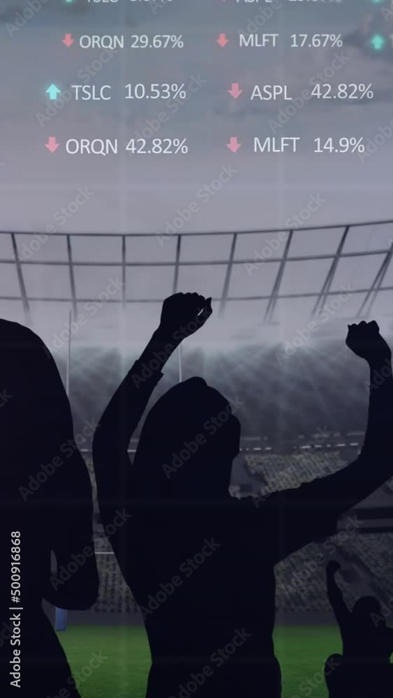 Poster animation of graphs and data processing over cheering sports fans at stadium