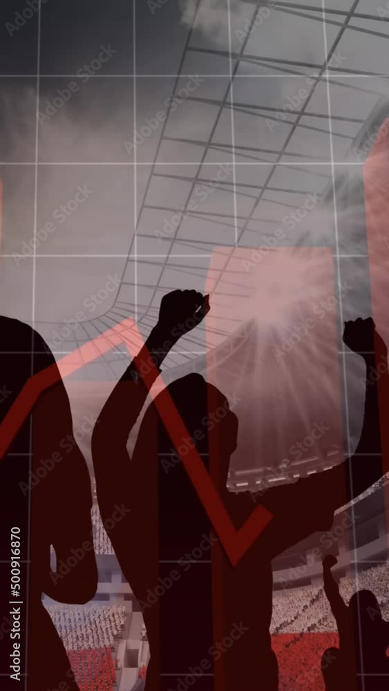 Poster animation of red graphs and data processing over cheering fans at sports stadium