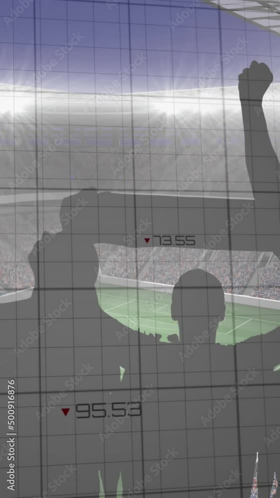 Poster animation of graphs and data processing over cheering fans at sports stadium