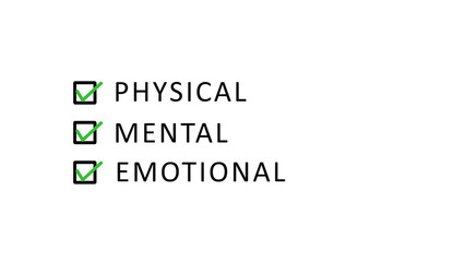 Obraz premium Physical Mental Emotional Well Being Health with Box and Tick Sign on White Background