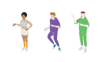Set of different isometric people on white. Vector illustration flat design isolated. Male and female characters. Office and casual clothes. Sport, gym, active wear, training.
