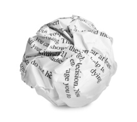 Crumpled sheet of paper with printed text isolated on white