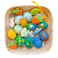 Fototapeta na wymiar Easter basket with colored and dyed eggs and traditional cookies