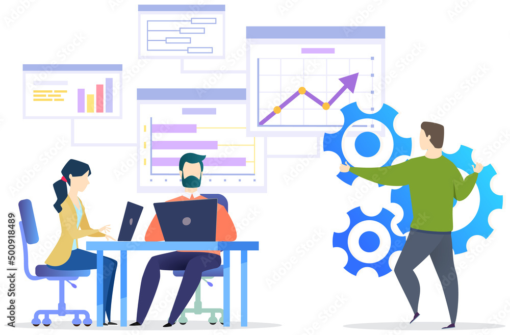 Poster visualize with business analytics. people work with statistical data analysis, changing indicators. 