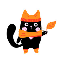 Cartoon black cat in a hat, scarf and boots with an orange autumn leaf in its paws. Cute fall character