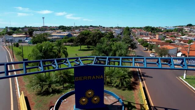 Serrana / S&atilde;o Paulo / Brazil - April 24, 2022 : Ornament and portal at the entrance to the city of serrana, revealing the city