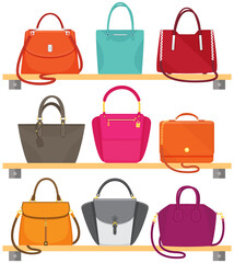 Cartoon set of women bag vector icon isolated on white background, stylish handbag. Ladies handbag on shelf in store. Elegant ladies leather bag, female accessories, fashion trendy case with handle