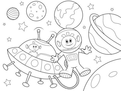 Aliens in space, space background. Children coloring book.