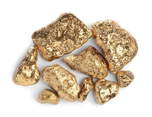 Pile of gold nuggets on white background, top view