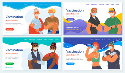 Stop coronavirus agitation concept. Vaccination promo, immunization of workers. Vaccine saves lives. People wearing protective mask showing their arm with bandage after receiving covid-19 vaccine