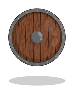 Round Scandinavian shield made of wood, reinforced with iron inserts on rivets. Element of protection of ancient viking. Cartoon vector isolated on white background
