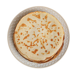 Stack of delicious crepes on plate against white background, top view