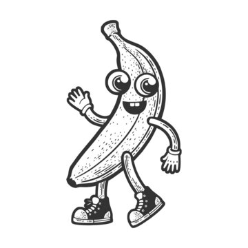 Happy walking cartoon banana fruit sketch engraving raster illustration. T-shirt apparel print design. Scratch board imitation. Black and white hand drawn image.