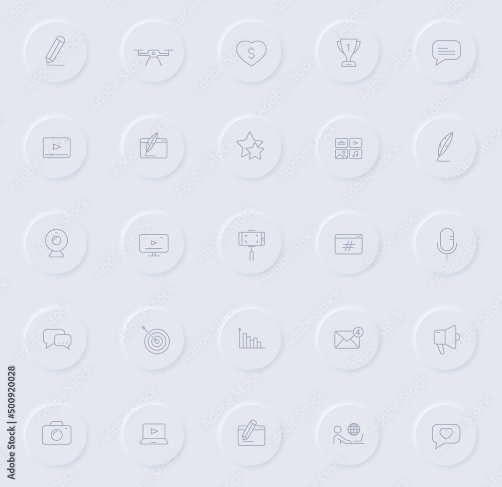 Poster blog line gray icons on round rubber buttons. blogger icon set for web, mobile apps, ui design and p