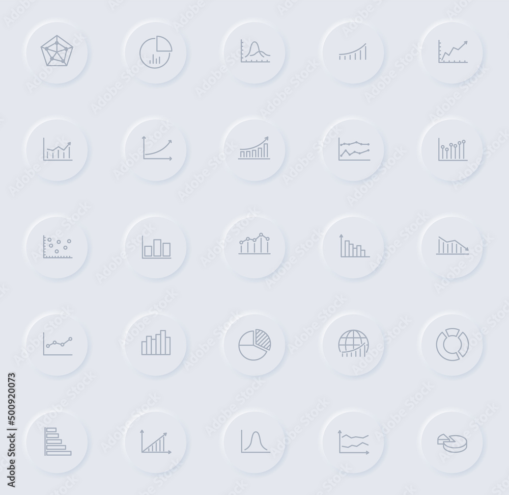 Poster chart line gray icons on round rubber buttons. chart icon set for web, mobile apps, ui design and pr