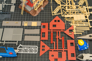 Model house details and tools for assembling. Concept Hobbies, technology