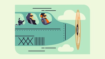 Aircraft nose, propeller, pilot and passenger, minimalist flat icon style cartoon. Dog in window - travelling with animal.